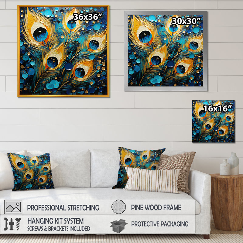 Plumes de paon sur toile, reproduction d'art, Cadre flottant doré, H 24 po x l 24 po x P 1 po
