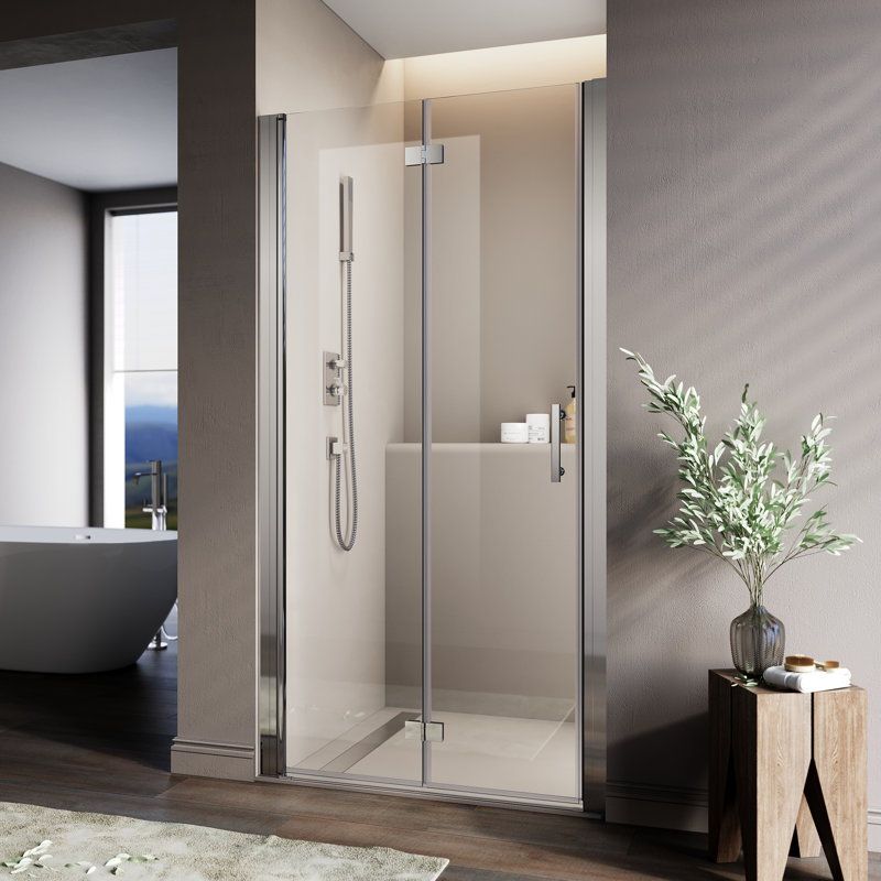 33.5'' - 35'' W x 72'' H Bi-Fold Semi-Frameless Shower Door with Clear Tempered Glass