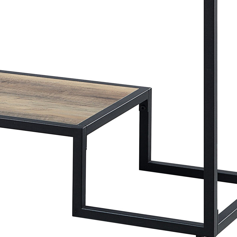 Rustic Oak Finish Table With Metal Construction And 2 Storage Areas Shelves Frame & Black Appearance