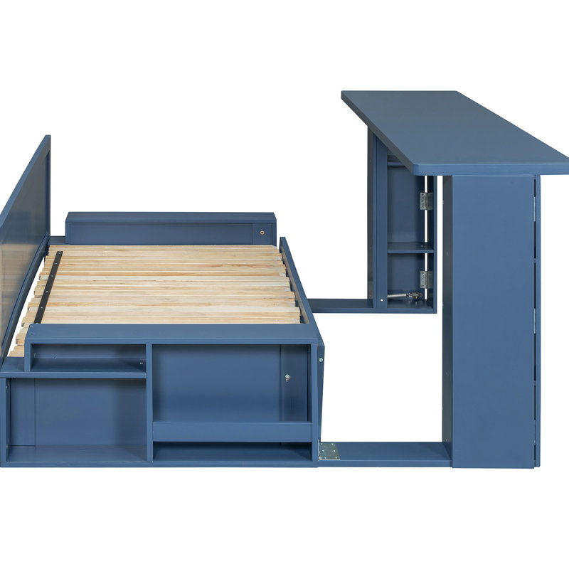 4 - In 1 Multifunctional Blue Full Size Daybed With Storage And Hydraulic Side Table, Converts To A Practical Desk Detachable Removable Desk, Saves Space Small Home Offices