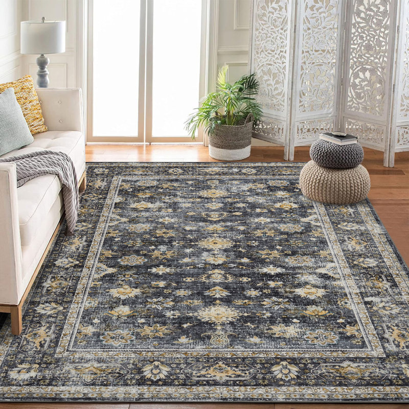 lxt-Boho Area Rug Living Room Rugs Floral Carpet Machine Washable Carpet Non Slip Rugs for Bedroom Dining Kitchen Office