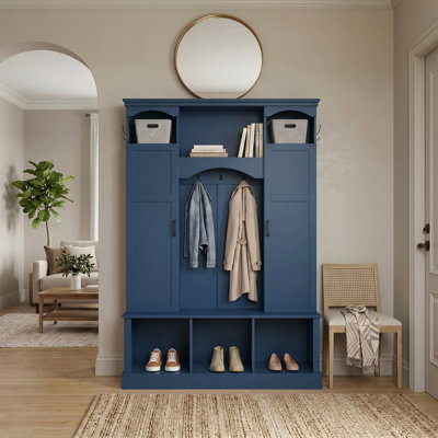 All-in-One Modern Hall Tree with Side Cabinets, 7 Hooks, Adjustable Shelves, and Storage Bench
