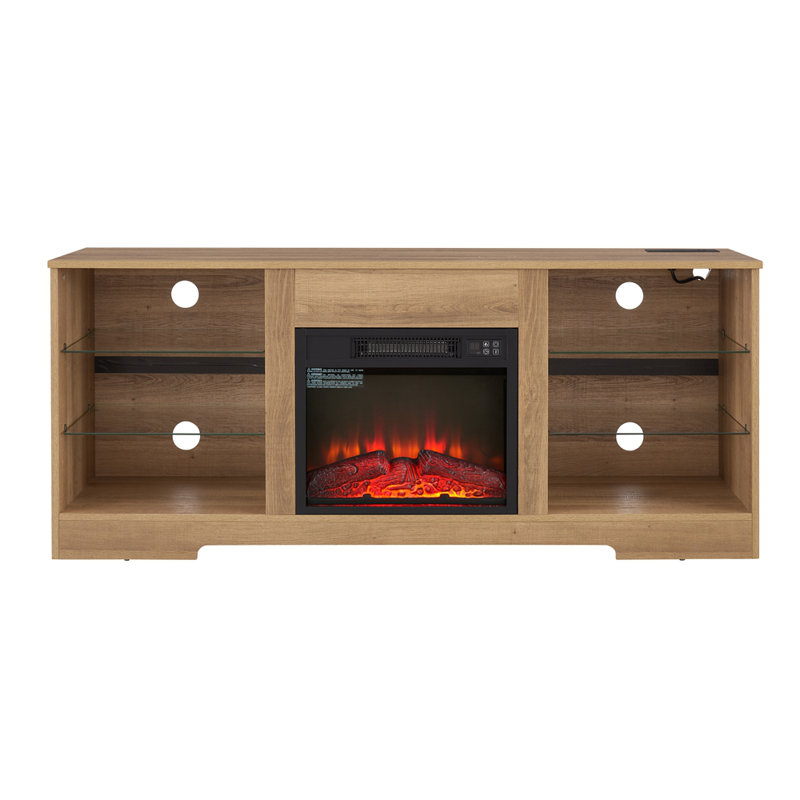Meuble télé 3D avec lumières DEL en bois et prise de charge USB, Oak