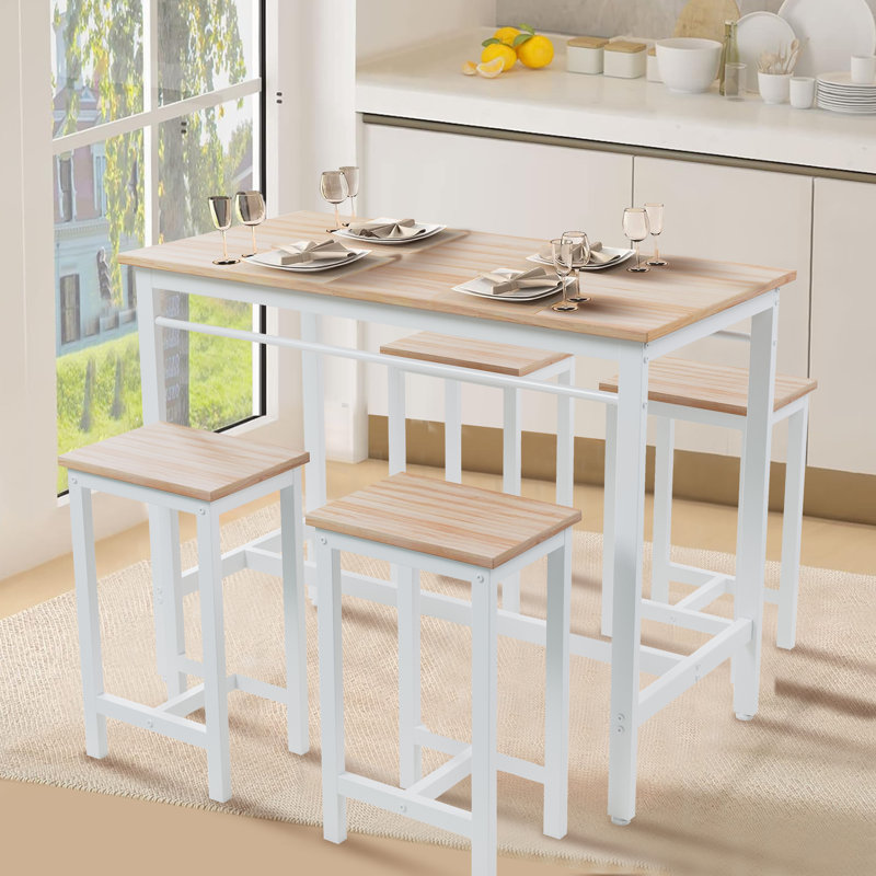 5-Piece Modern Kitchen Bar Table Set With Four Bar Stools, Metal Frame & White Oak MDF