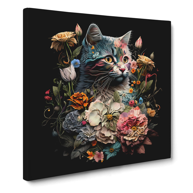 Cat Floral No.1 - Wrapped Canvas, 50cm H x 50cm W x 3cm D