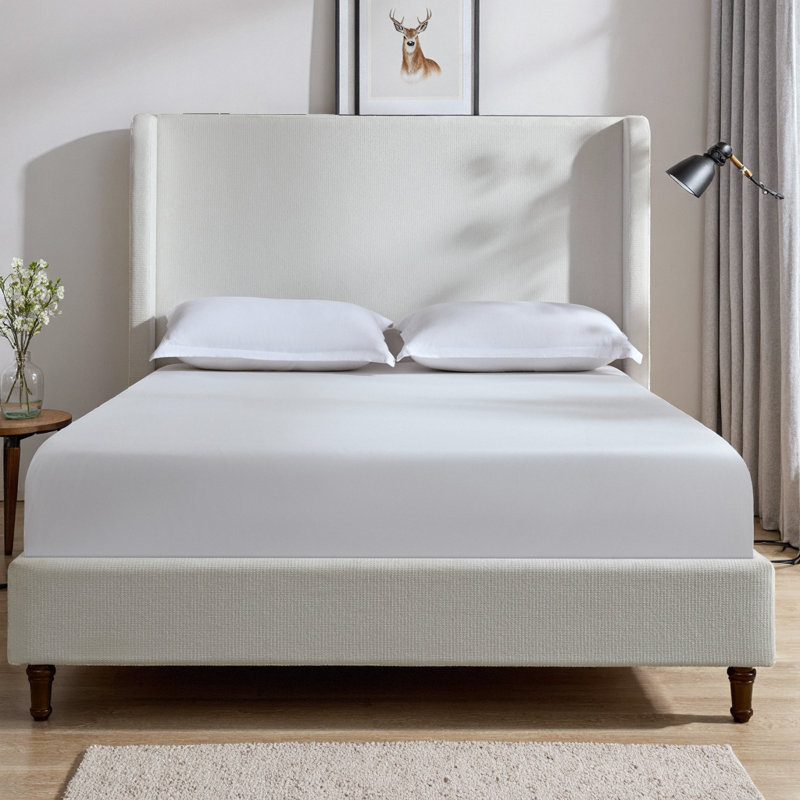 Lit haut tapissier avec tête de lit haute de 54 po, tissu chenille blanc crème, cadre de lit plateforme très grand californien, aucun sommier requis, capacité de 1 000 lb