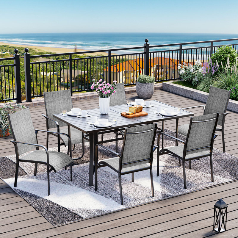 7 Piece Patio Dining Set, Outdoor Dining Table And Chairs Set For 6, 6 PVC-coated polyester Chairs, 1 Iron Rectangular Table With Adjustable Umbrella Hole , Patio Furniture Set For Deck, Backyard, Lawn, Poolside, Gray