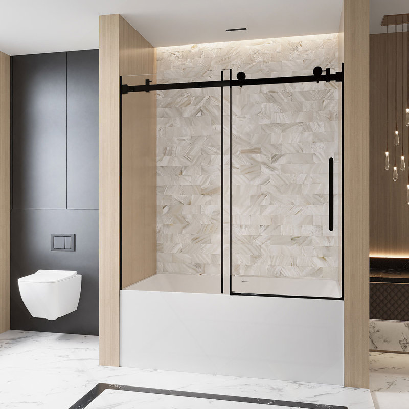 Frameless Single sliding shower door  56-60 "W x 60" H, 1/4 "(6 mm) Clear Tempered Glass, Explosion Proof Film, Stainless Steel Handle,Square Tube Track ,Matte Black