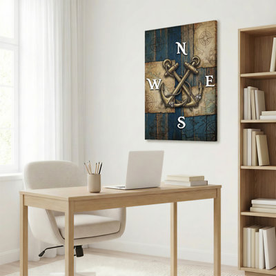 Nautical Anchor And Compass Rose Canvas Wrapped Wall Art Oil Painting Print Set Of 1