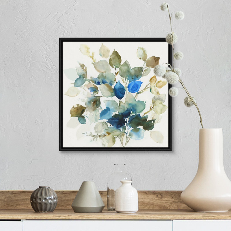 «Blue Leaves II» par Asia Jensen, reproduction d'art sur toile, H 14 po x l 14 po x P 1,75 po, Cadre flottant noir