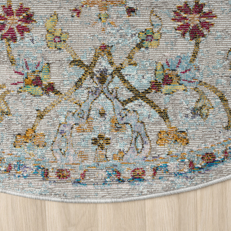 Gleaves Blue/Gray/Green Floral Traditional Indoor Performance Area Rug, Round 5'3"