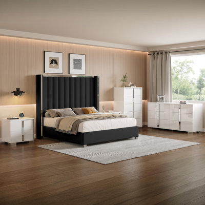 Ensemble de chambre à coucher 5 pièces à oreilles avec lit tapissier, commode, commode et tables de chevet modernes - noir et blanc - grand