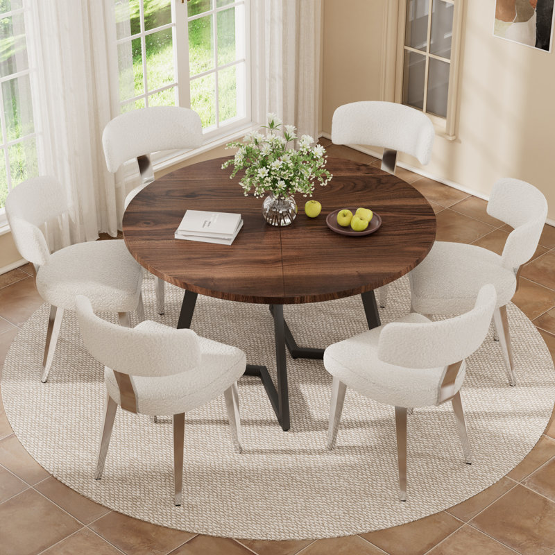 Ensemble de salle à manger rond en bois pour 4-6, 7, Noyer, Blanc