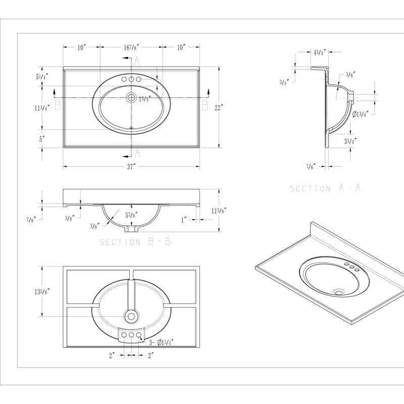 Plateau de meuble-lavabo en pierre reconstituée de 37 po avec lavabo intégré