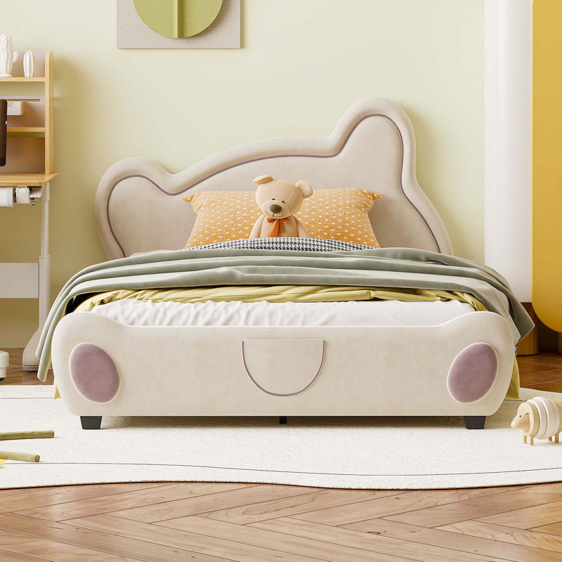 Lit plateforme en velours avec tête de lit en forme d'ours et poche de rangement à l'extrémité du lit, Beige, Double