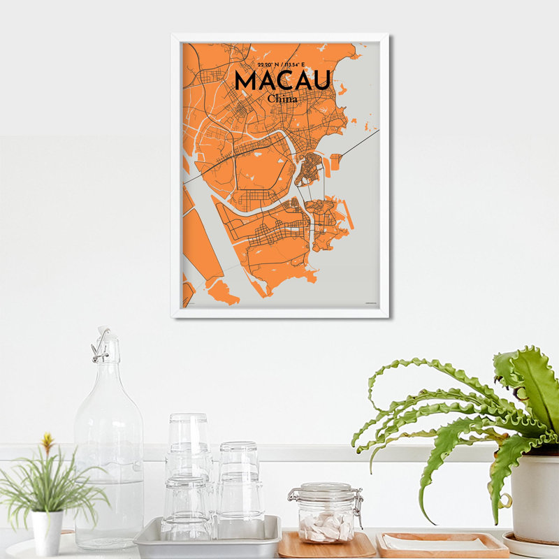 Macau, carte de la ville, impression, H 24 po x l 18 po, Orange / gris