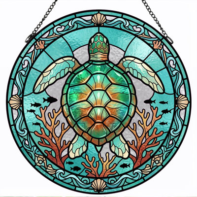 Sea Turtle Stained Glass Window Panel，12"H