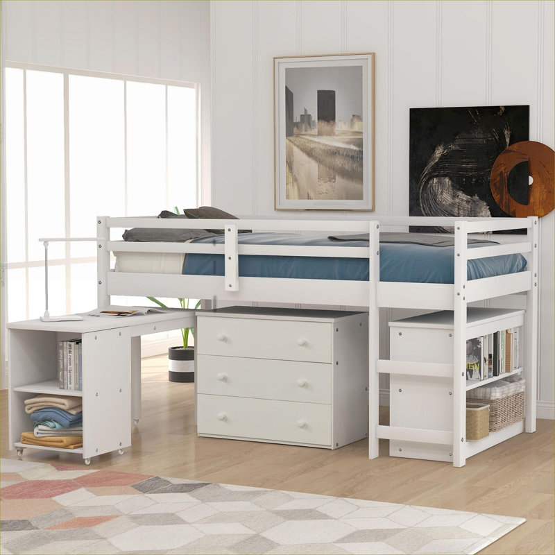 Lit mezzanine simple en bois massif avec bureau roulant et armoire de rangement, blanc éclatant pour une petite chambre