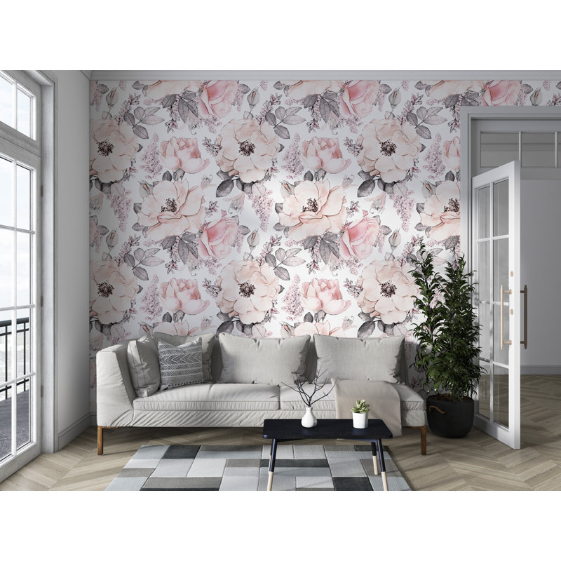 Papier peint rose avec fleurs dessinées à la main, l 24 po x L 50 po