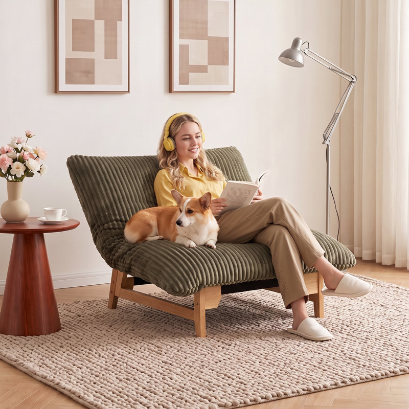 Fauteuil relax sans accoudoirs de 110 cm (43,4 po) avec structure en bois d'hévéa, canapé une place en velours côtelé pour salon ou chambre, vert