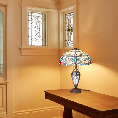 24.5"H Victorian Ivory Dome Shade Double Lit Tiffany-Style Stained Glass Table Lamp