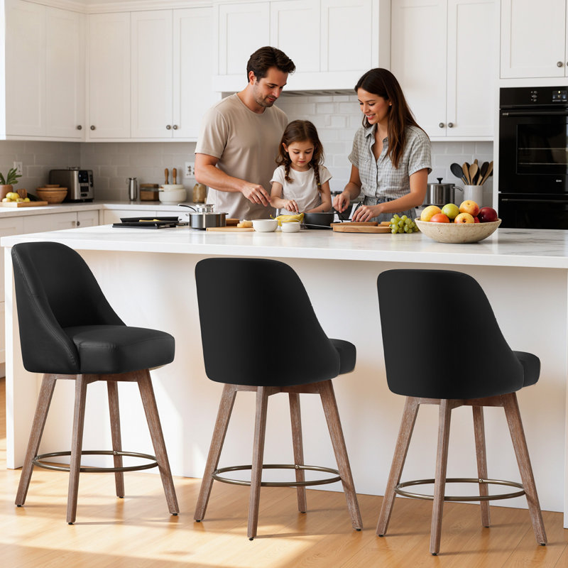 Kishmat Swivel 26'' Upholstered Counter Stool with Solid Wood Frame, Black