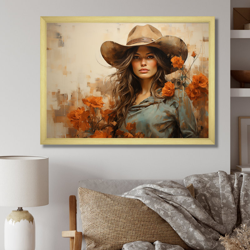 Western West Floral Wild Cow Gril de Westerna - art mural occidental, Cadre doré à coins fermés, H 34 po x l 44 po x P 1,5 po