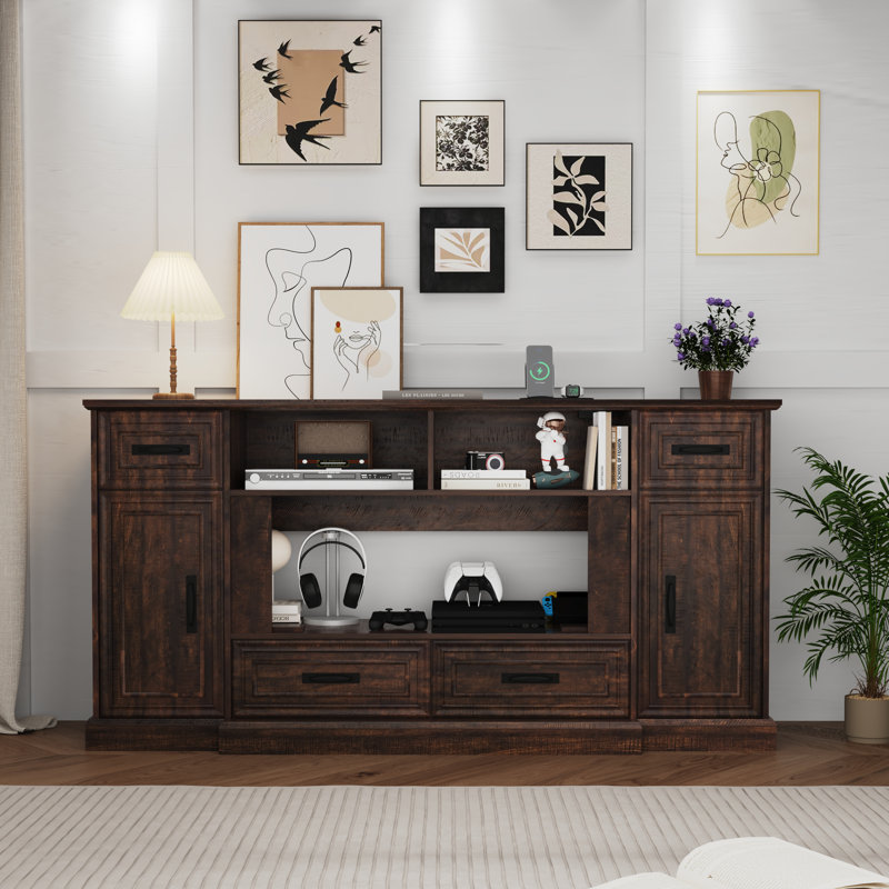 70" Wide Sideboard Buffet Cabinet With Power Outlet, Brown