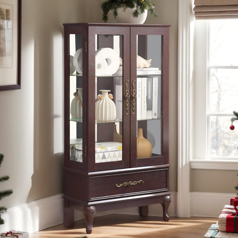  52" Lighted Curio Cabinet with Drawer, Vintage Glass Curio Showcase with 3-Tier Adjustable Shelves & Mirrored Back Panel, Light Blub Included, Wooden China Cabinet with Tempered Glass Doors for Living Room, Bedroom, Dining Room