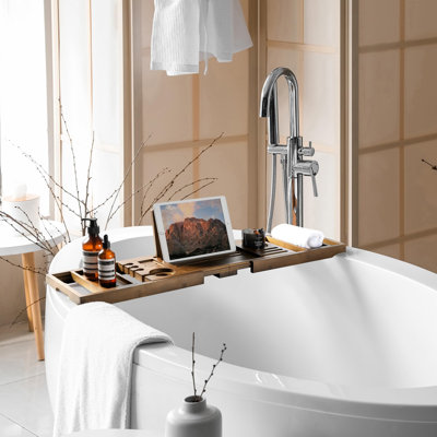 Plateau de baignoire en bambou, réglable 28,5-40 po, finition noyer, anti-éclaboussures, poignée antidérapante, support pour verre à vin, support à tablette