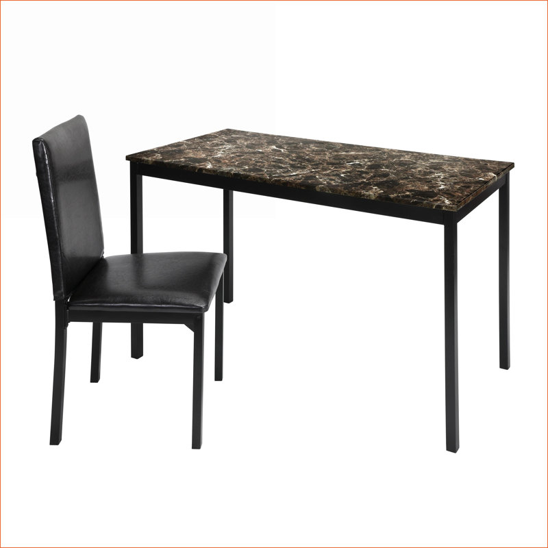 Bureau d'écriture 2pc Ensemble de chaises, plateau en faux marbre, structure en métal noir pour petits espaces | Noir | Métal