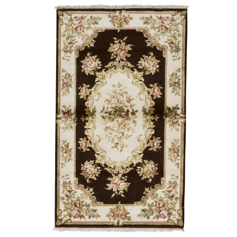 Tapis brun et crème noué à la main de haute qualité