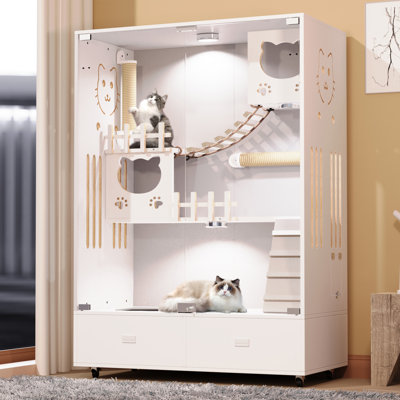 Villa pour chat en bois sur roulettes, grande maisonnette pour chat fermée avec compartiment à litière caché et tiroirs de rangement, meuble d'escalade d'intérieur à plusieurs niveaux avec rampes en bois, perchoirs et poteaux à griffes pour 2 chats