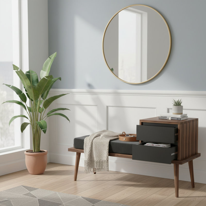 Banc de hall d'entrée moderne Mid-Century avec coussin et 2 tiroirs de rangement