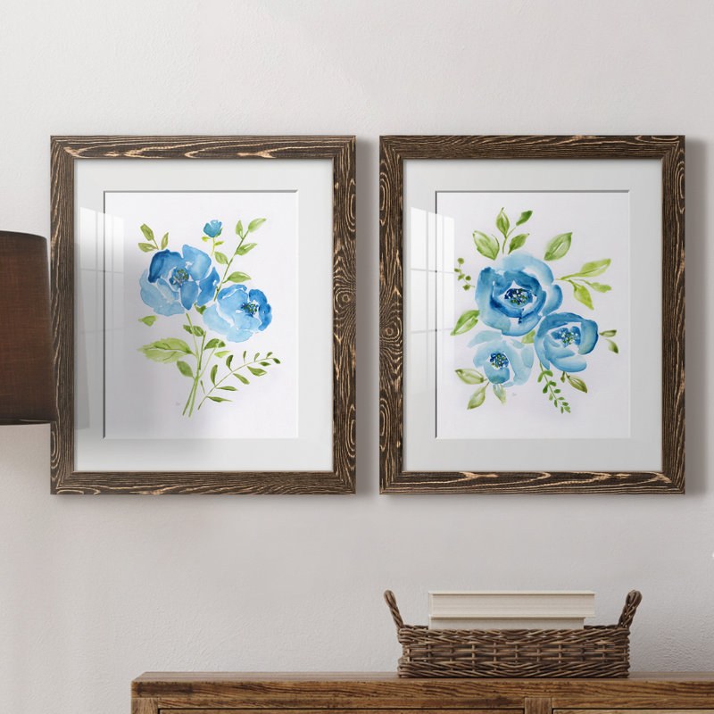 «Blue Morning Bouquet I», ensemble de 2 reproductions d'art, H 24 po x l 36 po x P 1,5 po, Papier, cadre noyer, Blanc
