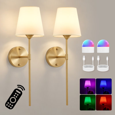 Set of 2 Battery Operated Wireless Wall Sconces with Rechargeable LED Bulbs and Remote Control, RGB Dimmable Lights with White Fabric Shades