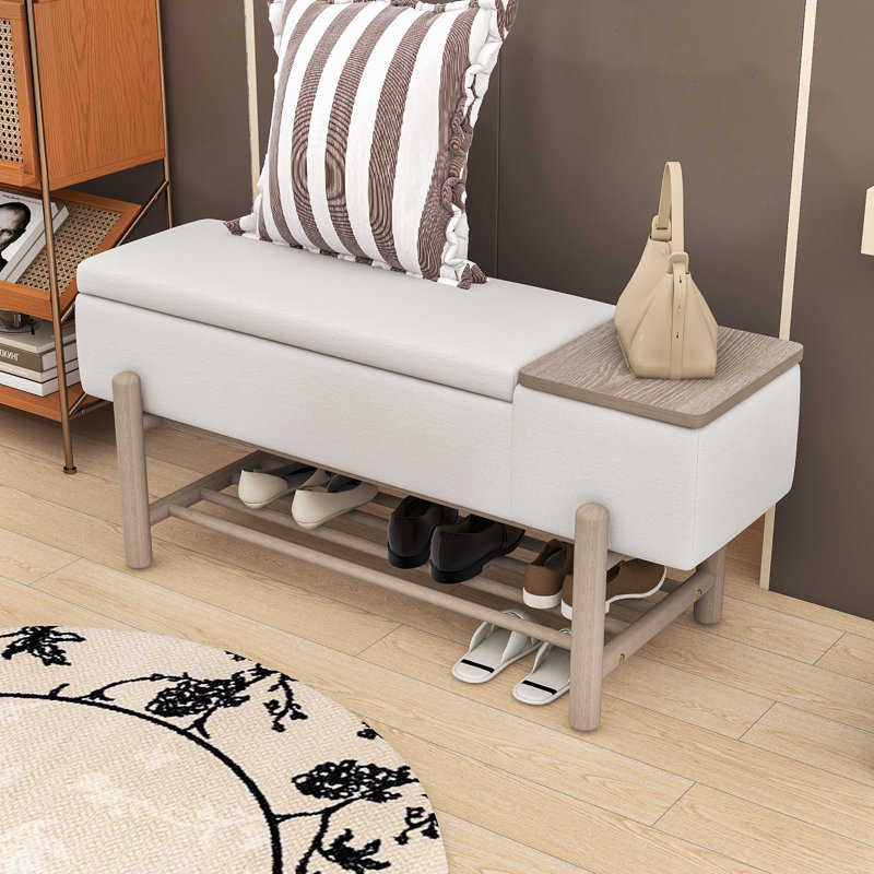 Banc de rangement rembourré Farmhouse avec rangement caché et tablette inférieure pour les entrées, Naturel