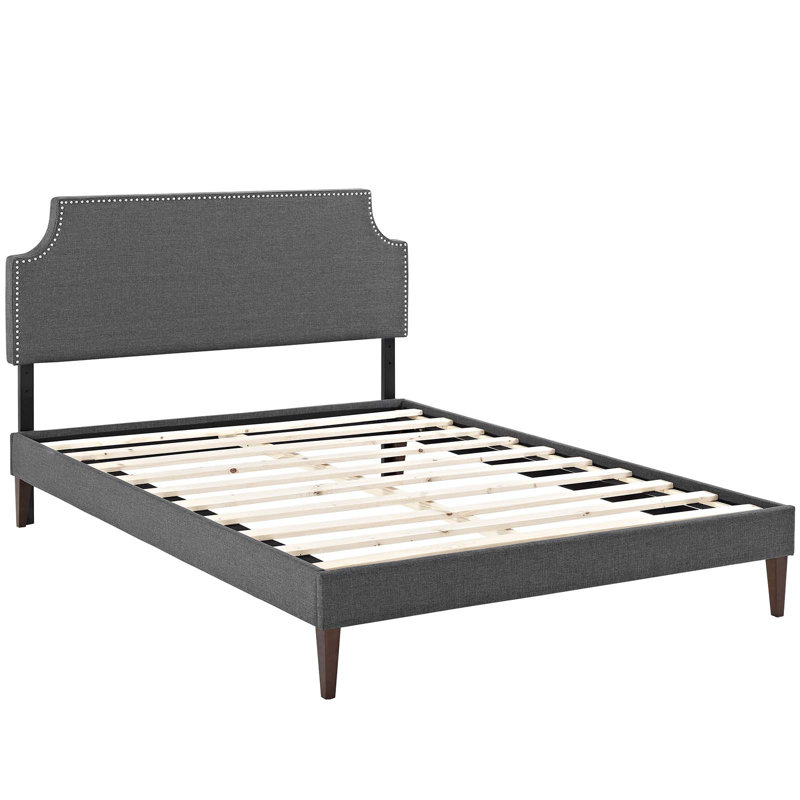 Gray Full Upholstered Platform Bed with Nailhead Trim