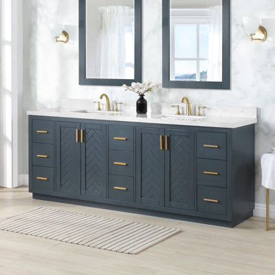 Meuble-lavabo double en bois massif et manufacturé l 84 po avec plateau en pierre artificielle Gazsi