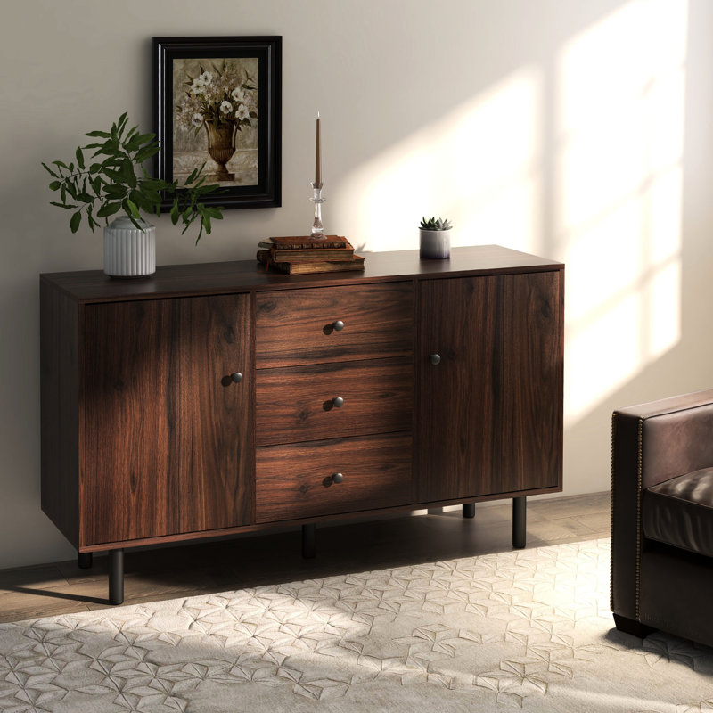 Buffet avec 2 armoires, 3 tiroirs et tablettes réglables, brun rustique pour le salon, le vestibule, la console de cuisine, les tiroirs, les tablettes, le brun, la pièce