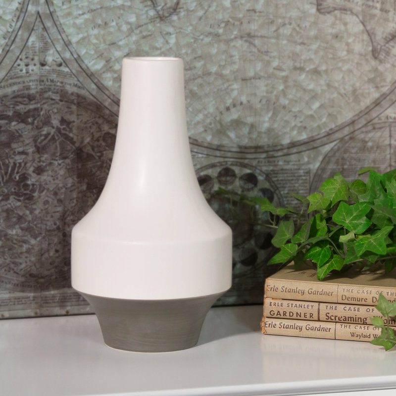Stoneware Round Vase with Long Neck, Grey Banded Rim Base and Tapered Bottom SM Matte Finish White