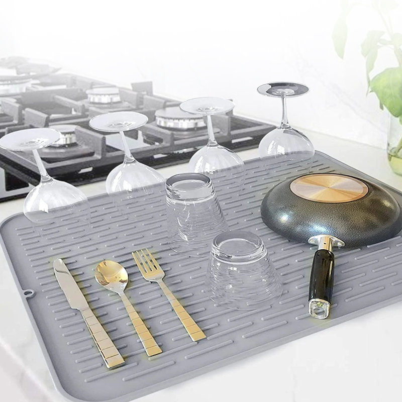 Gray Foldable Silicone Dish Drying Mat with Non-Slip Base