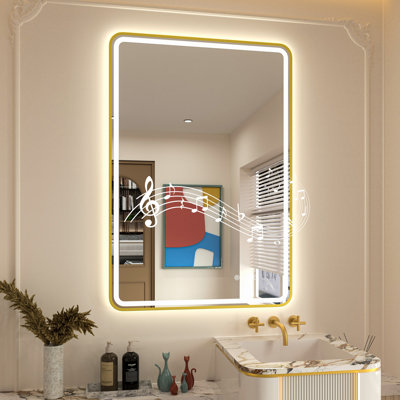Miroir de salle de bain à DEL Bluetooth avec cadre en aluminium, certifié FCC et ETL, antibuée, température de couleur 3, intensité variable, miroir mural avant et rétroéclairé
