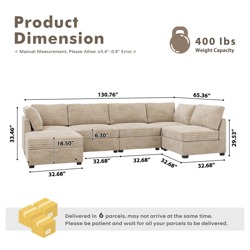 6-piece Modular Corduroy Sectional Sofa With Ottoman, Deep Seat Cloud Couch For Living Room & Bedroom, Easy To Assemble, Soft Upholstered Modern U&l-shaped Sofa
