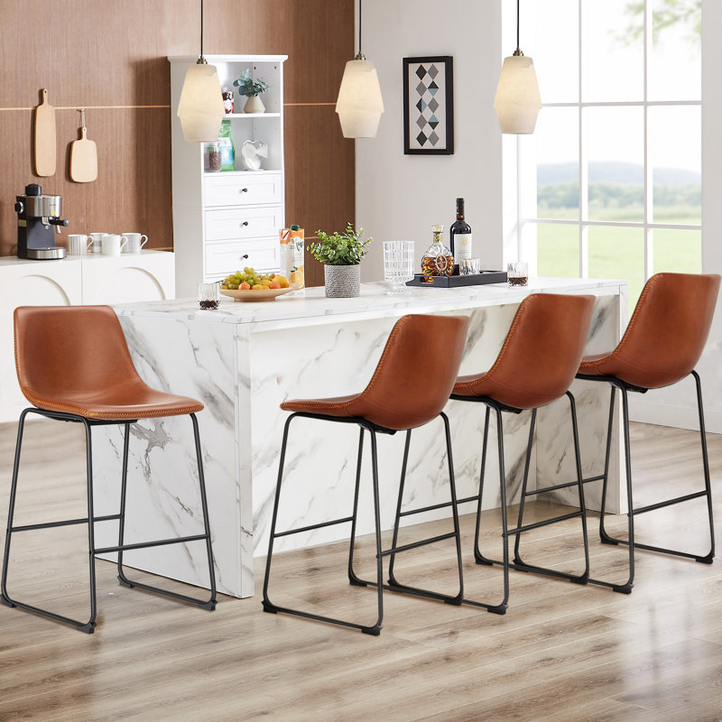 Counter Height Barstools With Leather Back, Matel Bar High Table Stool Chairs For Kitchen, Set Of 2 29 Inch, Brown