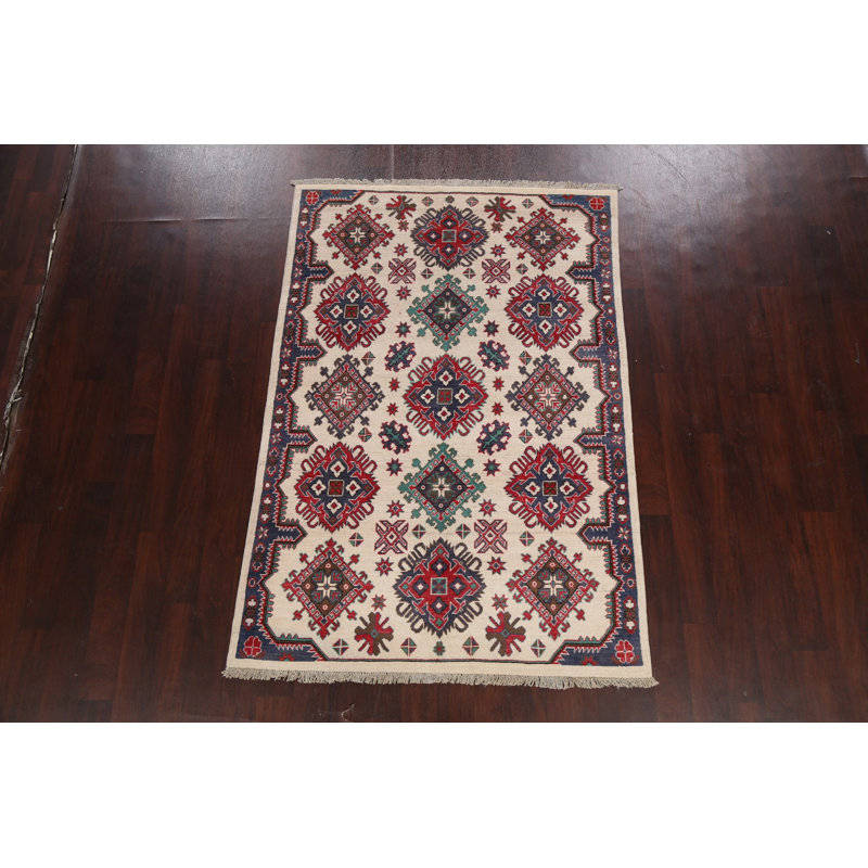 Tapis oriental géométrique Kazak noué à la main 5 x 7
