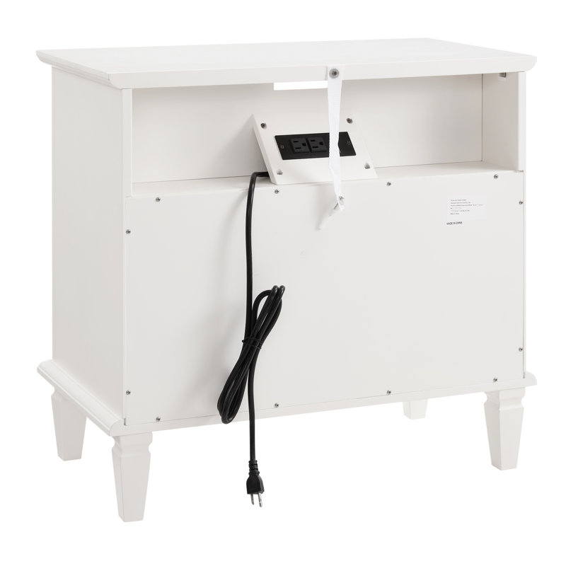Table d'appoint blanche avec fonction de charge: 2 tiroirs, espace ouvert, pieds en bois massif, conception cannelée, tiroirs de la commode de la chambre à coucher