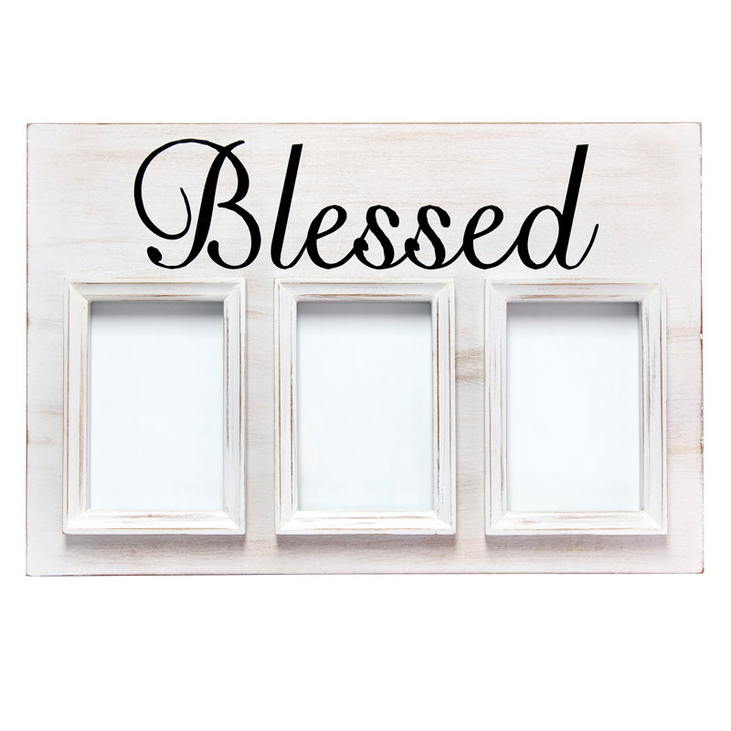White Wash Wood Triptych Photo Frame with Blessed Typography