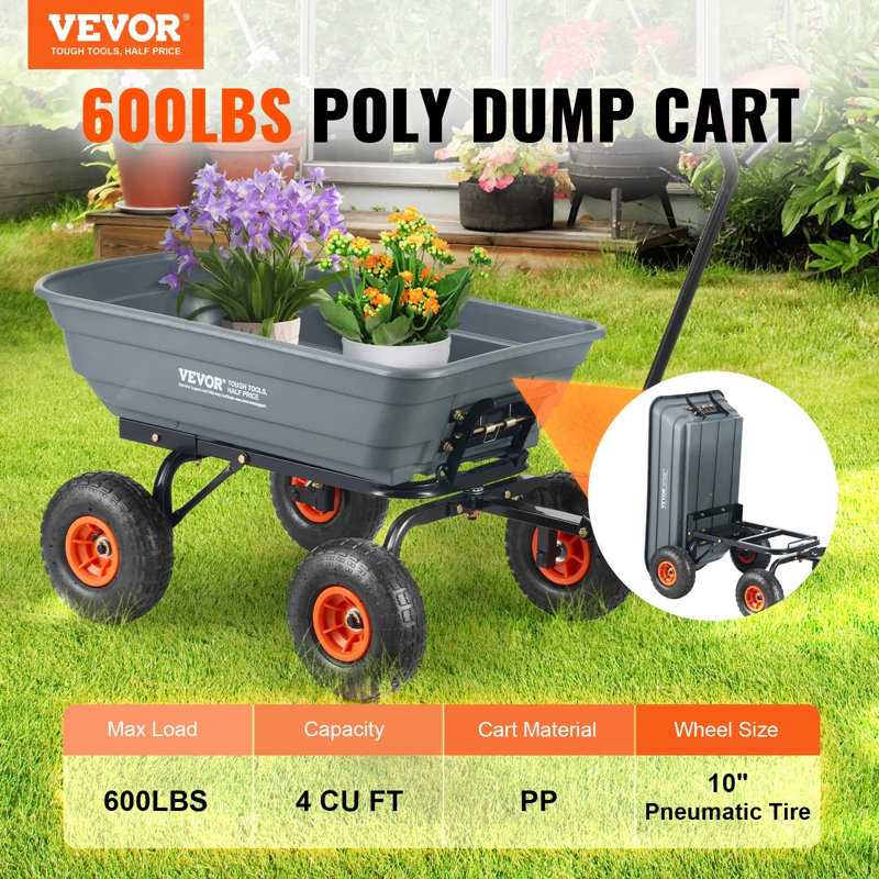 Chariot à benne en poly robuste d'une capacité de 600 lb, chariot utilitaire de jardin de 4 pieds cubes avec pneus de 10 po et poignée convertible 2-en-1, cadre en acier facile à assembler, avec housse en filet