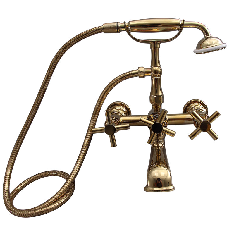 3 Handle Bathroom Clawfoot Tub Faucet with Diverter, Polished Brass